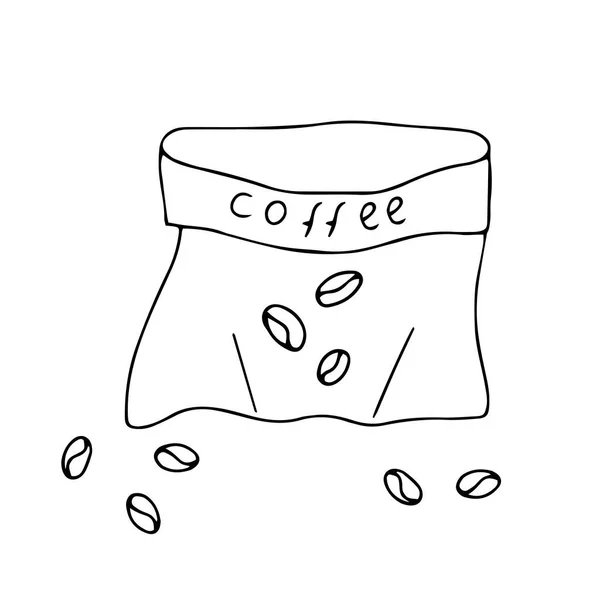 Dibujo Mano Negro Ilustración Una Bolsa Para Granos Café Con — Vector de stock