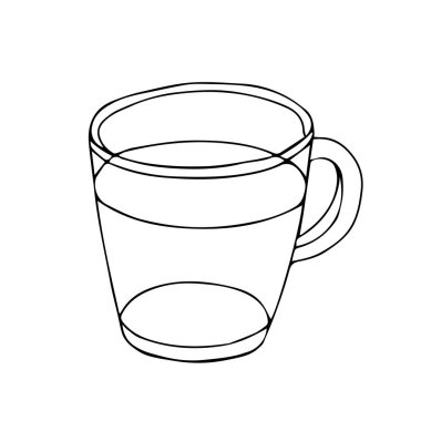 Siyah bir el, beyaz arka planda izole edilmiş sıcak çay ya da kahve için şeffaf bir bardak resmi çizmiş.