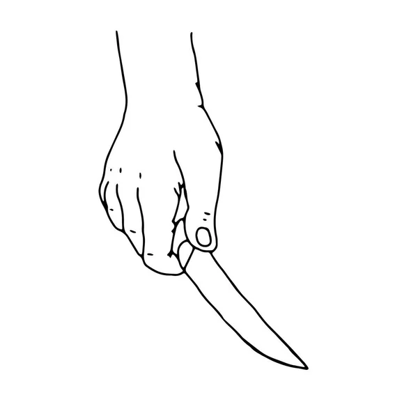 Svart Kontur Vektor Illustration Människan Hand Med Kniv Isolerad Vit — Stock vektor