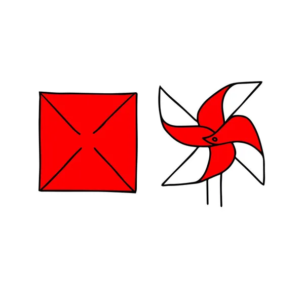子供のための着色本のための白い背景に隔離された1つの赤い折り紙のおもちゃの風車の美しい手描きの黒いベクトルのイラスト — ストックベクタ
