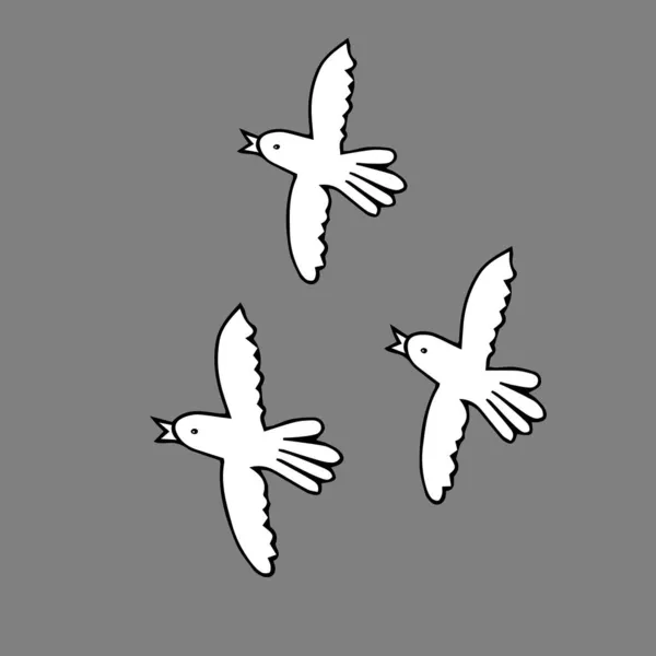 Hand Drawn White Vector Illustration Group Doves Flying Gray Background — Stock Vector