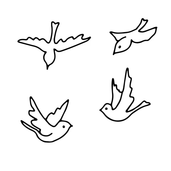 一组麻雀的手工绘制的黑色矢量图以白色背景飞行 — 图库矢量图片