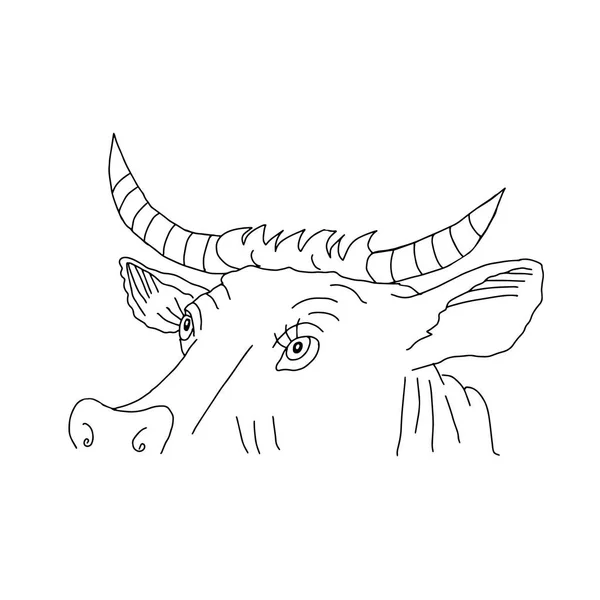 白色背景上孤立角奶牛的黑色轮廓手绘矢量图 — 图库矢量图片