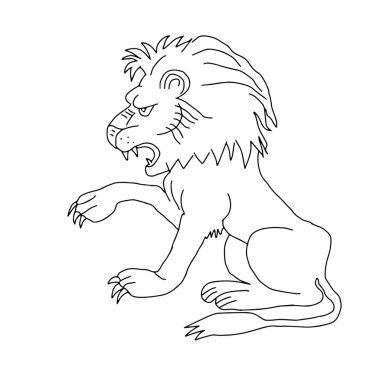 Beyaz arka planda izole edilmiş güzel bir yetişkin aslanın çizilmiş siyah vektör çizimi.