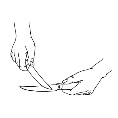 Siyah çizgili bir insan tasviri beyaz arka planda izole edilmiş bıçakları biler.