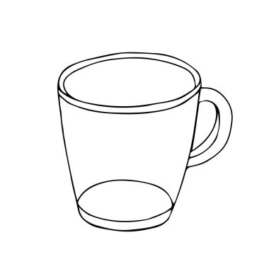 Siyah bir el, beyaz arka planda izole edilmiş sıcak çay ya da kahve için şeffaf boş bir bardak resmi çizmiş.