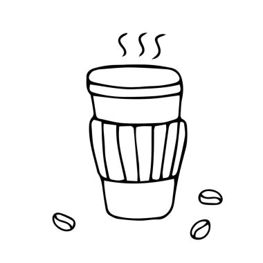 Siyah bir el, plastik kapaklı kağıt bardaktaki kahvenin resimlerini çizmiş.