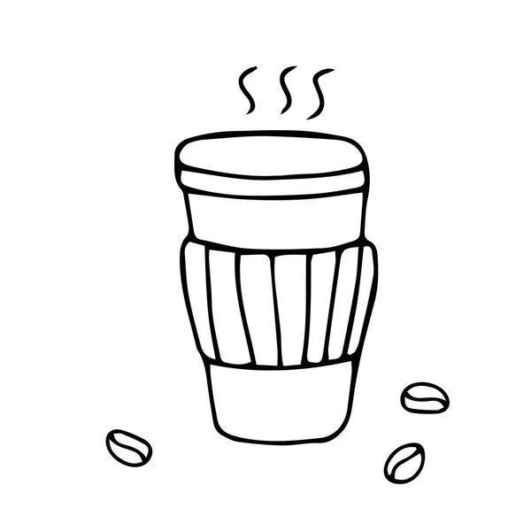 プラスチック蓋付きの紙コップにコーヒーの黒い手描きイラストが入っています — ストックベクタ