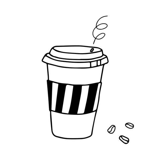 Illustrazione Disegnata Mano Nera Caffè Una Tazza Carta Con Coperchio — Vettoriale Stock