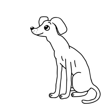 Bir El çizilmiş vektör çizimi güzel, mutlu beyaz bir köpek beyaz bir arka planda oturuyor.