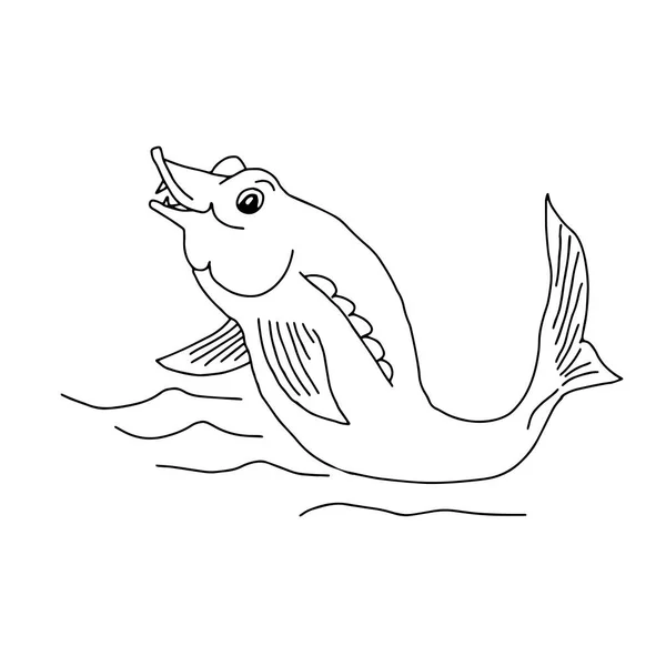 Ręcznie Narysowany Zarys Czarny Wektor Ilustracja Pięknej Szczęśliwej Ryby Sterlet — Wektor stockowy