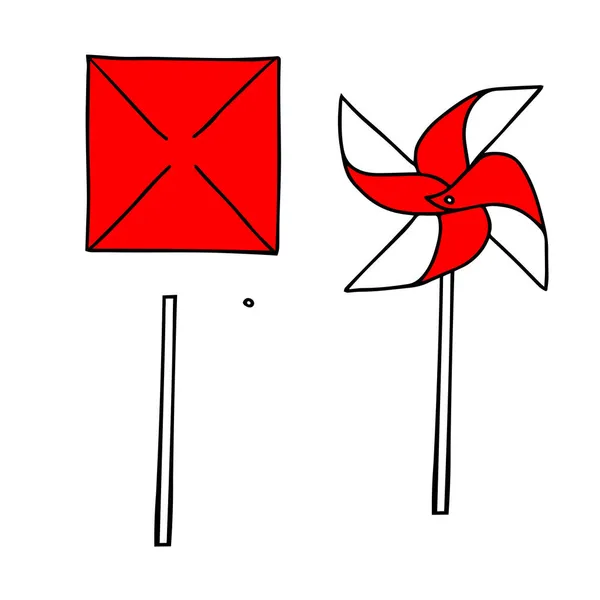 子供のための着色本のための白い背景に隔離された1セットの折り紙のおもちゃの風車の美しい手描きの赤いベクトルイラスト — ストックベクタ