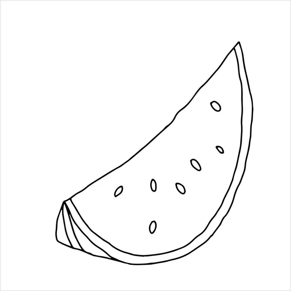 Vektorový Obrys Ilustrující Jeden Plátek Sladkého Melounu Černými Semeny Izolovanými — Stockový vektor
