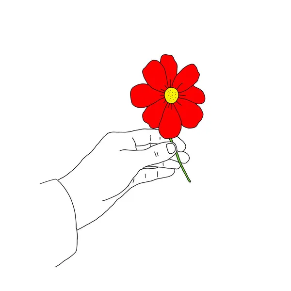 Ein Schwarzer Umrissvektor Illustriert Eine Hand Mit Einer Roten Blume — Stockvektor