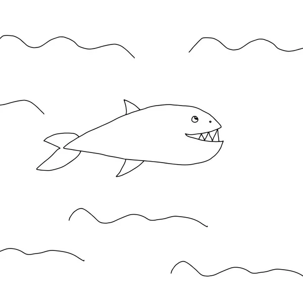 Disegno Mano Contorno Nero Vettoriale Illustrazione Una Bella Balena Felice — Vettoriale Stock