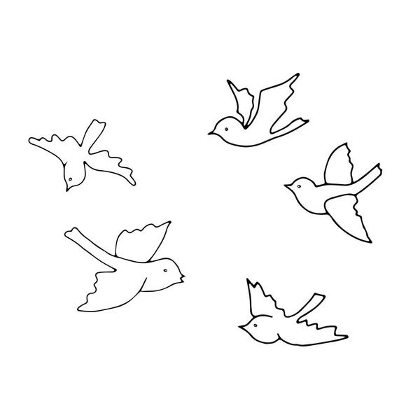 一组麻雀的手工绘制的黑色矢量图以白色背景飞行 — 图库矢量图片