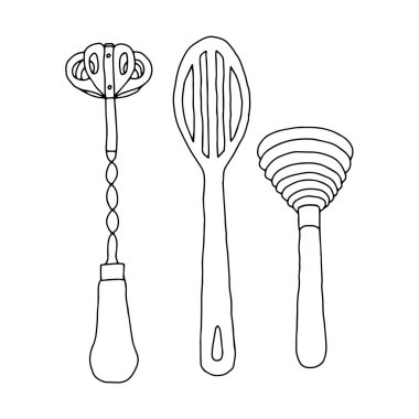 Beyaz arkaplanda izole edilmiş silikon kaşık kaydırıcısının bir El çizilmiş siyah vektör çizimi