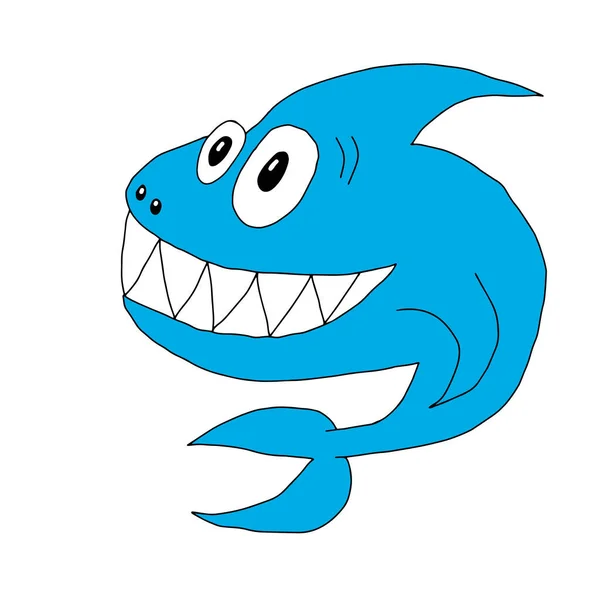 Contorno Dibujado Mano Vector Negro Ilustración Hermoso Tiburón Feliz Azul — Archivo Imágenes Vectoriales
