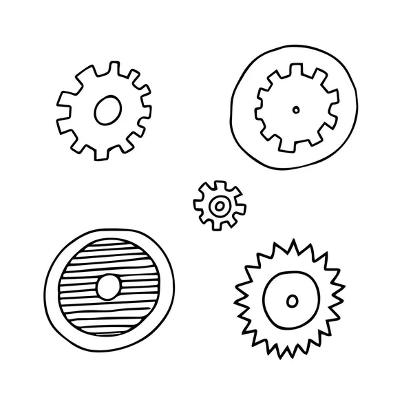 Illustrazione vettoriale nera disegnata a mano di una serie di ingranaggi metallici o plastici isolati su fondo bianco — Vettoriale Stock