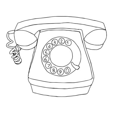 Beyaz arka planda izole edilmiş eski bir retro telefonun el çizimi siyah vektör çizimi