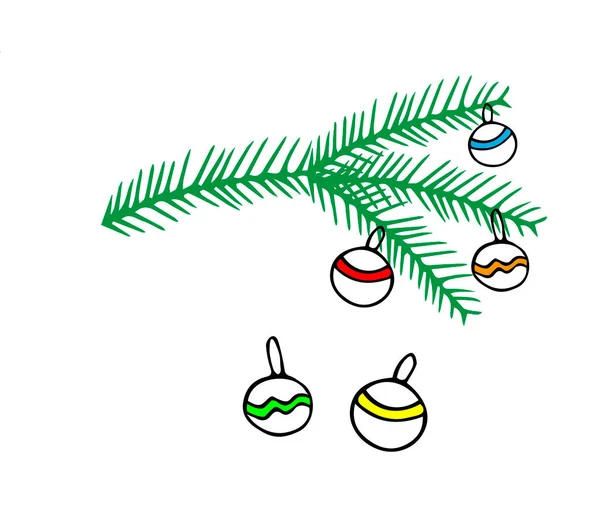 Schöne handgezeichnete farbige Vektorillustration einer Gruppe von Spielzeug-Weihnachtskugeln mit Textur und einer Tanne isoliert auf weißem Hintergrund für Malbuch für Kinder — Stockvektor