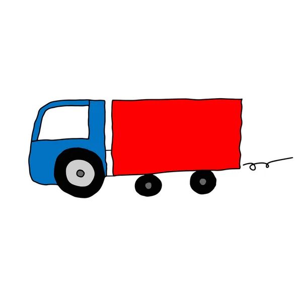 ภาพเวกเตอร์สีแดงและสีฟ้าที่วาดด้วยมือที่สวยงามของรถบรรทุกของเล่นที่แยกจากพื้นหลังสีขาว — ภาพเวกเตอร์สต็อก