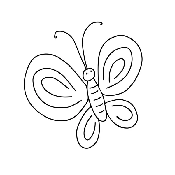 白地に一羽の蝶の手描き黒ベクトルイラストが飛んでいます — ストックベクタ