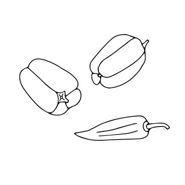 Beyaz arka planda izole edilmiş bir grup güzel parlak biberin siyah vektör çizimi