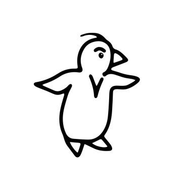 Bir El, beyaz arka planda izole edilmiş güzel bir penguenin siyah vektör çizimi.