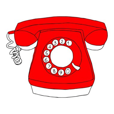 Beyaz arka planda izole edilmiş kırmızı, eski bir retro telefonun El çizimi çizimi çizimi