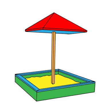 Beyaz arka planda izole edilmiş çocuklar için kum ve çatı şemsiyeli renkli ahşap kum havuzunun el çizimi siyah vektör çizimi