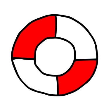 Çocuklar için boyama kitabı için beyaz bir arka planda izole edilmiş bir oyuncak ahşap, kırmızı ve beyaz tekne cankurtaranının güzel bir el çizimi tasviri.