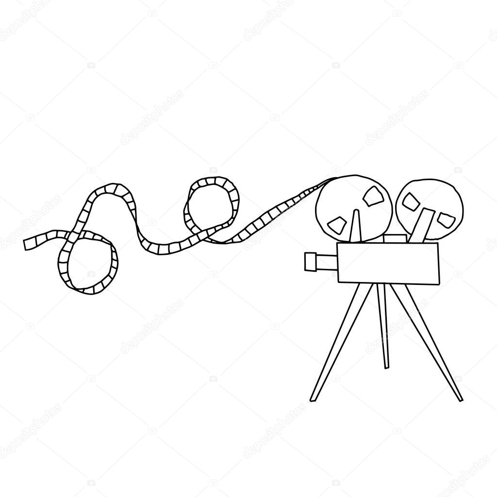 A Hand-draw black vector illustration of a movie projector isolated on a white background