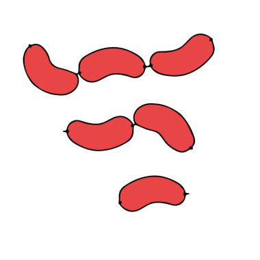 Kahvaltı için beyaz bir zemin üzerine izole edilmiş kırmızı, kısa ve kalın sosislerden oluşan bir el çizimi vektör çizimi.