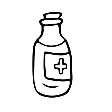Tıpalı siyah cam bir şişe ve tıbbi haç etiketli bir Vektör çizgisi çizimi beyaz arka plandadır