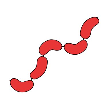 Kahvaltı için beyaz bir zemin üzerine izole edilmiş kırmızı, kısa ve kalın sosislerden oluşan bir el çizimi vektör çizimi.
