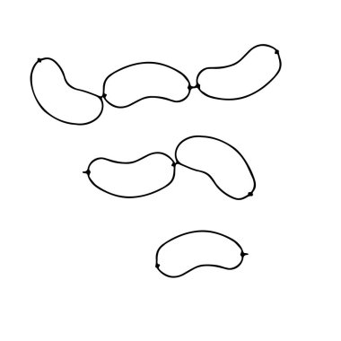 Kahvaltı için beyaz bir arka planda izole edilmiş bir grup kısa ve kalın sosisin el çizimi vektör çizimi.