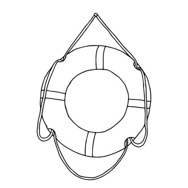 Çocuklar için boyama kitabı için beyaz bir zemin üzerinde izole edilmiş bir ip bulunan plastik bir tekne cankurtaranının güzel bir el çizimi çizimi.