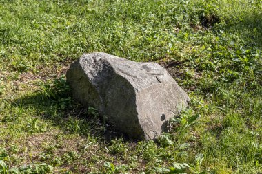 Büyük gri bir taş yaz günü parkta yeşil çimlerin üzerinde yatıyor.