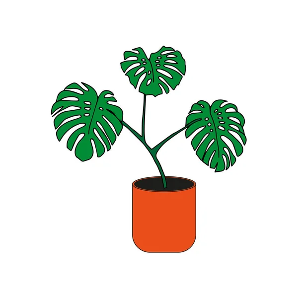 Illustration Three Green Monstera Leaves Orange Pot Isolated White Background — стоковый вектор