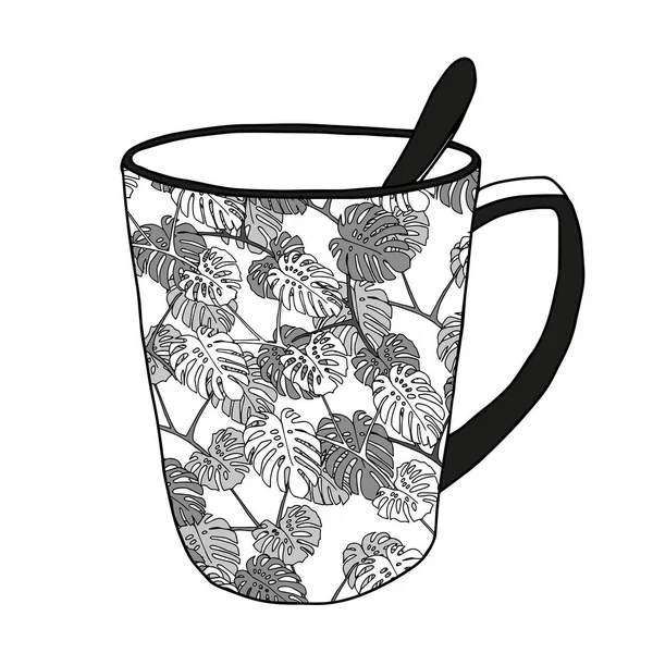 Ilustración vectorial de una taza de té o café caliente con patrón de hojas de monstera gris y una cuchara sobre un fondo blanco — Vector de stock