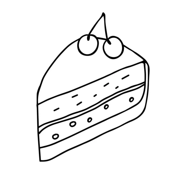 Schwarze, handgezeichnete Vektordarstellung eines Kuchenstücks mit zwei Kirschen auf weißem Hintergrund — Stockvektor