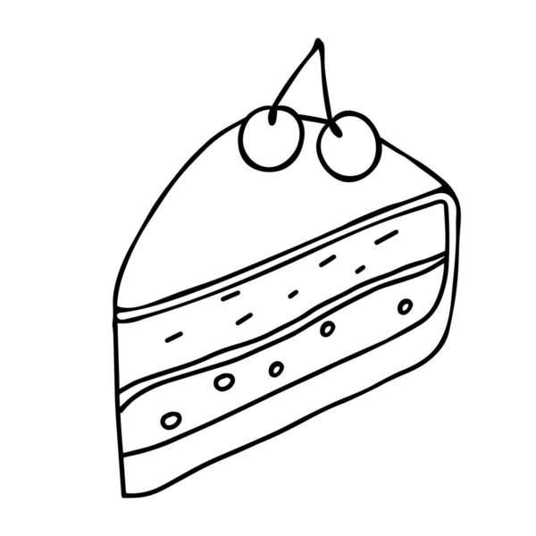 Eine Schwarze Handgezeichnete Vektordarstellung Eines Kuchenstücks Mit Zwei Kirschen Auf — Stockvektor