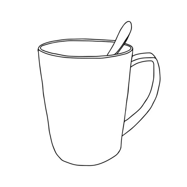 白い背景にスプーンで隔離された熱いお茶やコーヒーを入れたカップの黒い手描きのイラスト — ストックベクタ