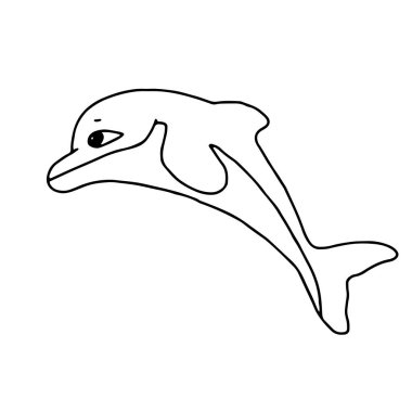 Bir El, beyaz arka planda izole edilmiş güzel, mutlu bir yunusun siyah vektör çizimi.