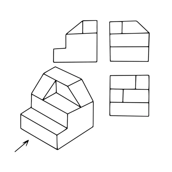 Schöne Handgezeichnete Vektorillustration Einer Geometrischen Figur Drei Projektionen Isoliert Auf — Stockvektor