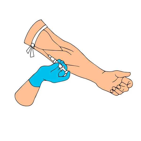 Proceso Inyección Una Vena Con Una Jeringa Primeros Auxilios Una — Vector de stock
