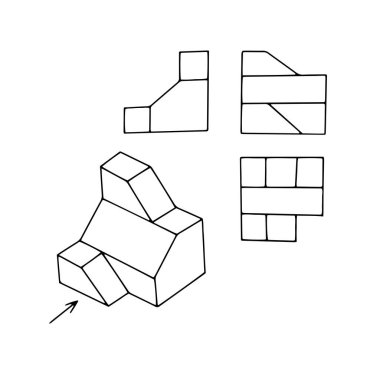 Çocuklar için boyama kitabı için beyaz bir arkaplan üzerine izole edilmiş üç projeksiyonlu bir geometrik figürün el çizimi güzel bir vektör çizimi