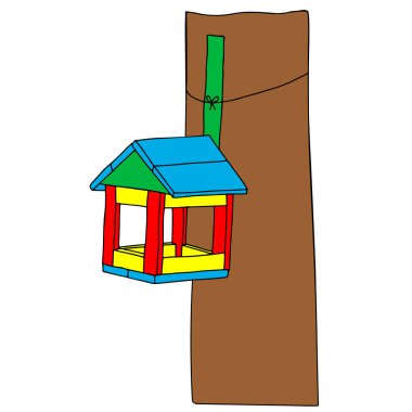 Renkli bir el çizimi bir kuş evinin vektör çizimi ormanda beyaz bir arka planda izole bir ağaçta asılı duruyor.