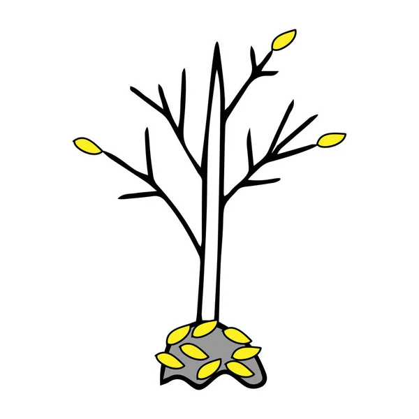 Черный Очертания Руки Рисования Векторной Иллюстрации Лиственного Дерева Желтыми Листьями — стоковый вектор